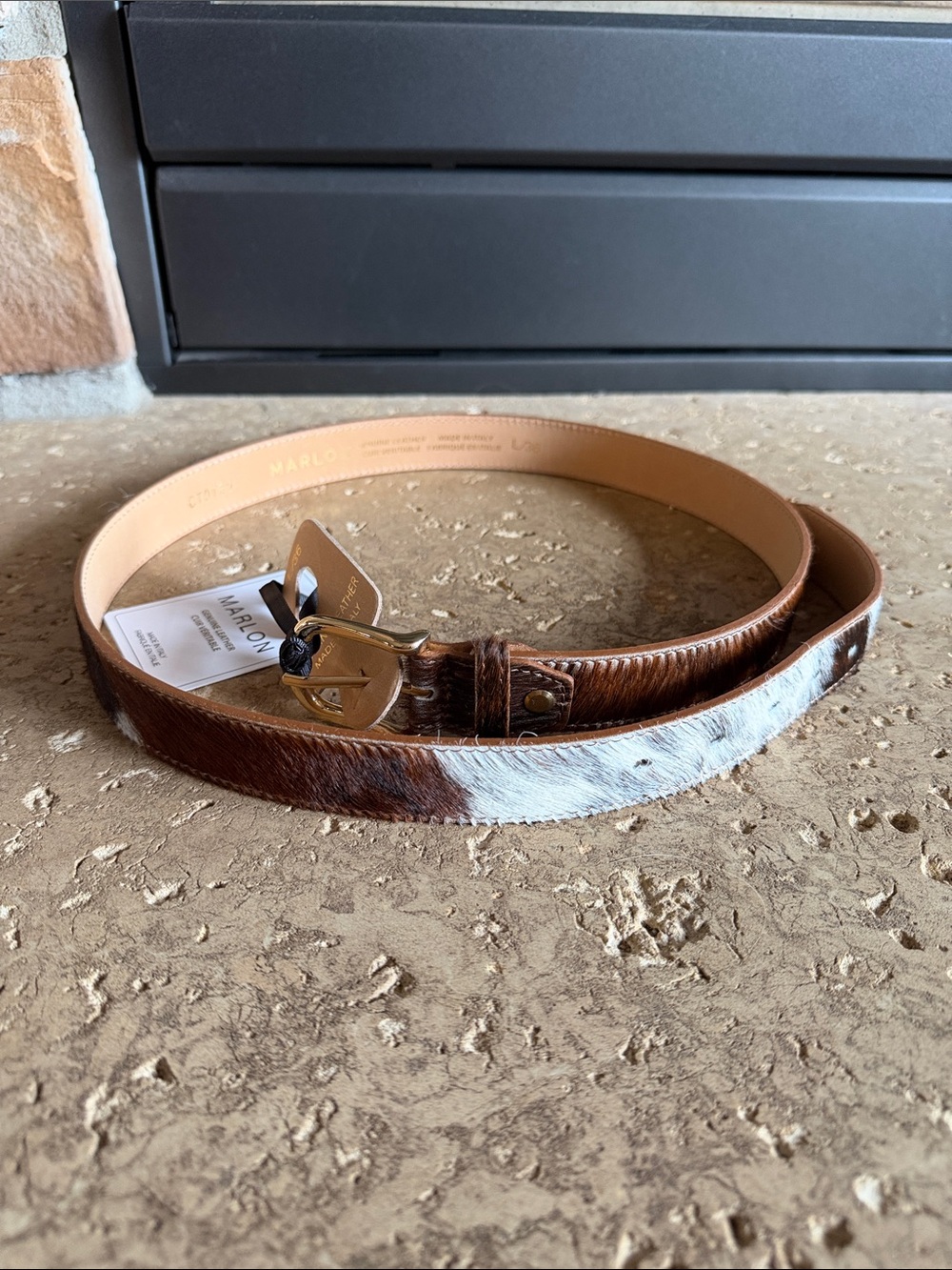 Italian NWT Firenze Marlon Two-Tone Haircalf Leather Belt with Gold Buckle sz L